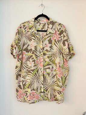 J. Jill Love Linen Floral Print Button Down Short Sleeve Top Size XL